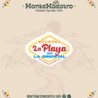 Alt text: "MonteMaestro graphic featuring a beach-themed welcome sign with 'La Playa con La Oriental' in vibrant red and blue. Background has subtle mountain and landscape sketches. Keywords: coffee, Colombian, specialty."