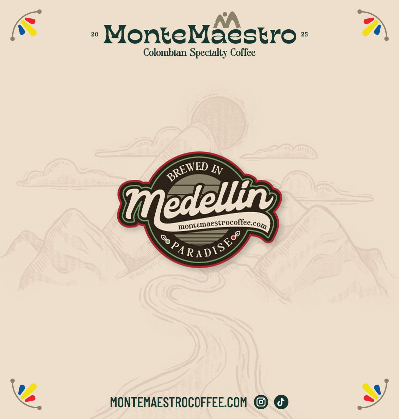 Logo for MonteMaestro Colombian Specialty Coffee, featuring the text "Brewed in Medellin" with mountain outlines and colorful accents. Tone is artisanal.