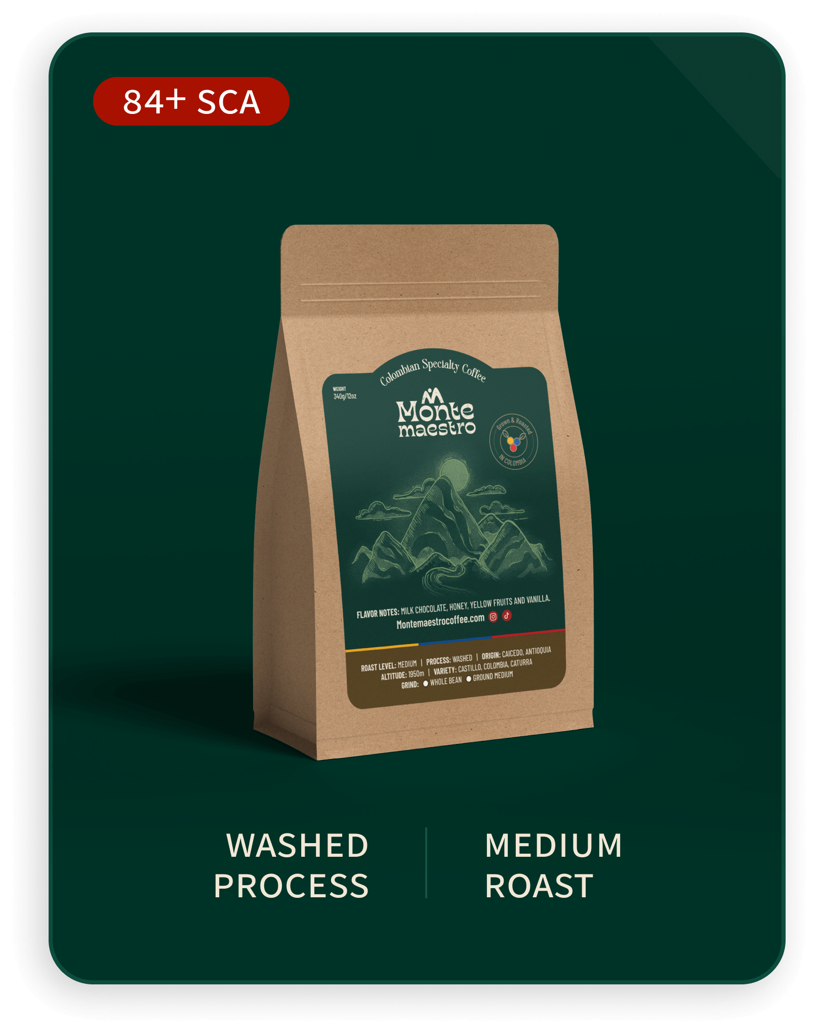 MonteMaestro Coffee Bag, on a green color card, it says Washed Process and Medium Roast.