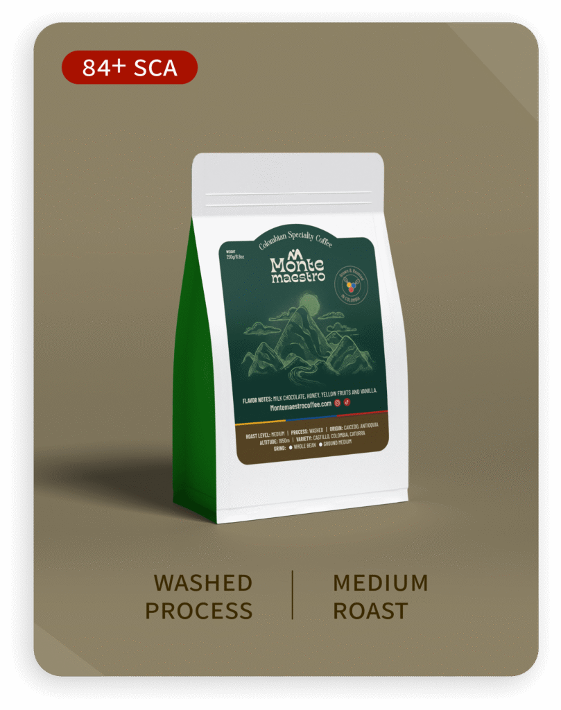 MonteMaestro Coffee Bag, on a cream color card, it says Washed Process and Medium Roast.