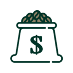A dark green outline of a money bag filled with coffee beans on a black background. The bag features a large dollar sign, symbolizing wealth and coffee trading.