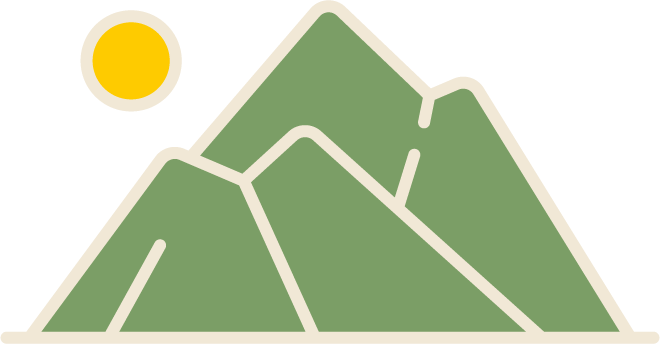 Icon of a mountain, green color and a circle representing the sun on the left