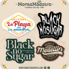 Alt text: "Four vintage-style coffee-themed badges with playful typography, featuring phrases like 'Black No Sugar' and 'Brewed in Medellin.' Background reads 'MonteMaestro Colombian Specialty Coffee.' The tone is vibrant and inviting."