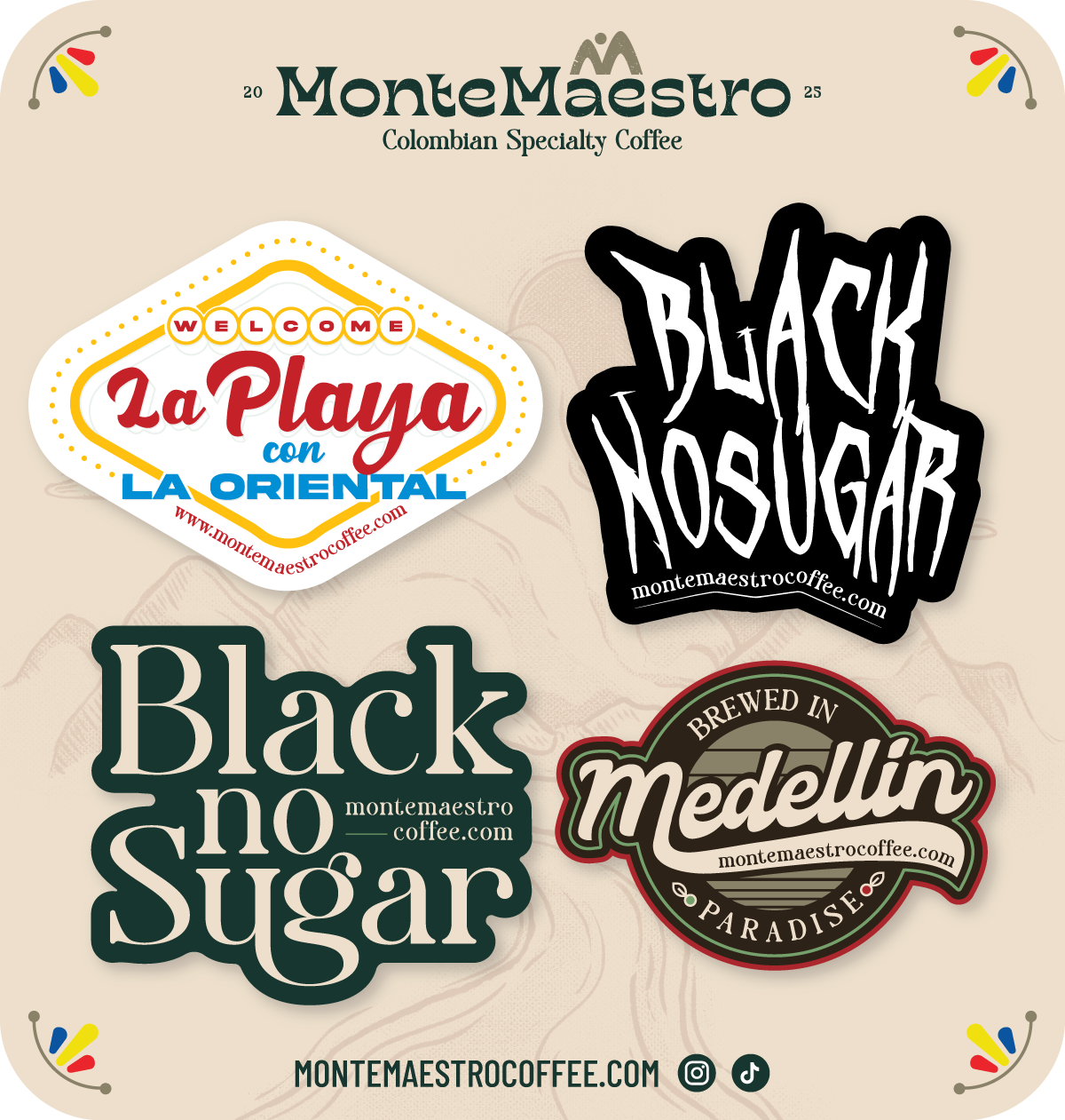 Alt text: "Four vintage-style coffee-themed badges with playful typography, featuring phrases like 'Black No Sugar' and 'Brewed in Medellin.' Background reads 'MonteMaestro Colombian Specialty Coffee.' The tone is vibrant and inviting."