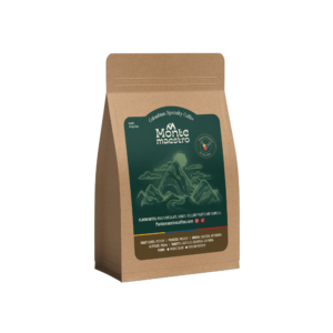 Brown coffee bag with a green label featuring mountain artwork and "Monte Maestro" text. Highlights include flavor notes of chocolate and vanilla.