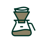 Stylized graphic of a coffee dripper and carafe outlined in dark green on a black background. Represents the coffee brewing process with simplicity and elegance.