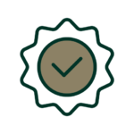 Dark background with a green checkmark inside a brown circle, surrounded by a green, scalloped-edged badge shape, symbolizing approval or certification.