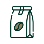 Icon of a coffee bag with a stylized design featuring a single coffee bean in the center. The image is set against a black background.
