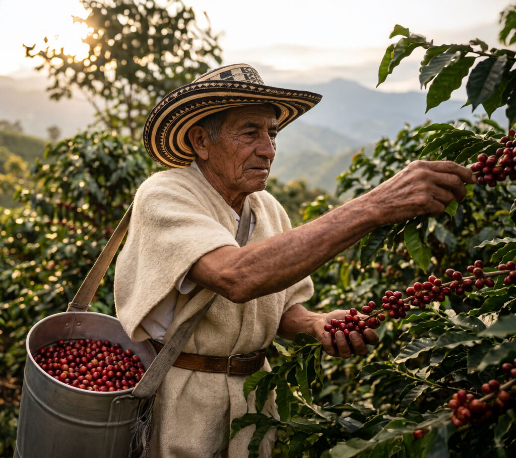 Elderly man in traditional hat picks ripe coffee cherries in a lush, sunlit plantation. Mountains form a serene backdrop. Atmosphere is tranquil and diligent.