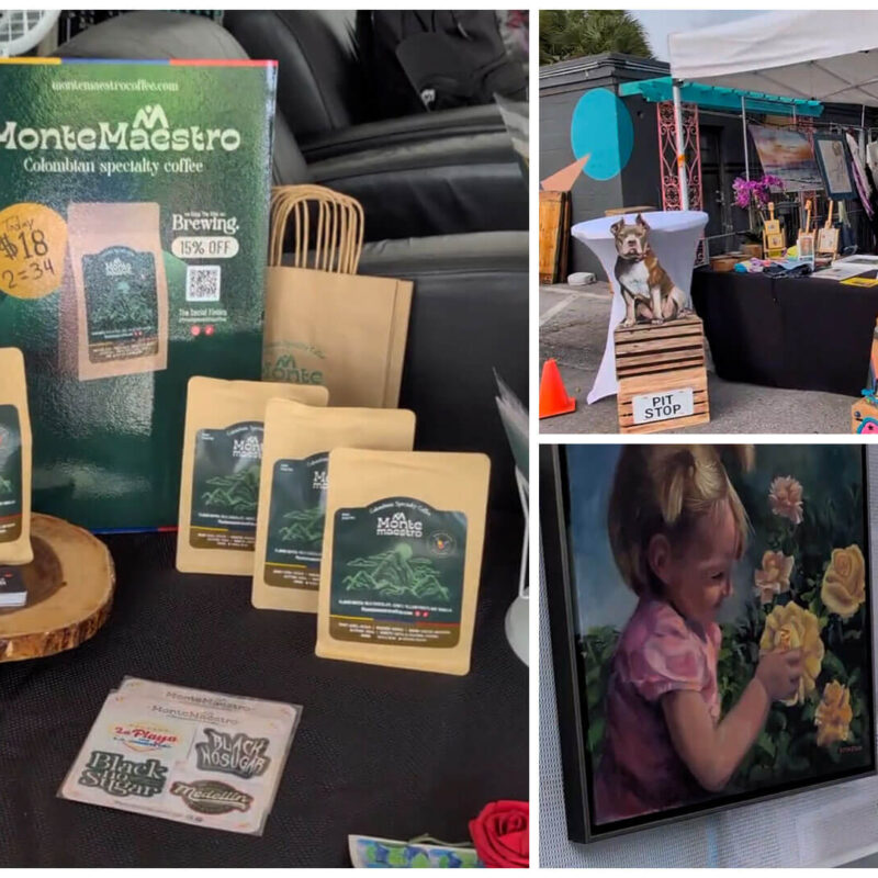 A collage shows a coffee booth with Monte Maestro products, an art market display with dog portraits, and paintings including a girl with flowers.