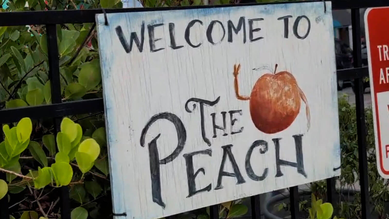 Sign reading "Welcome to The Peach" with a peach illustration on a metal fence, surrounded by greenery. The tone is inviting and rustic.