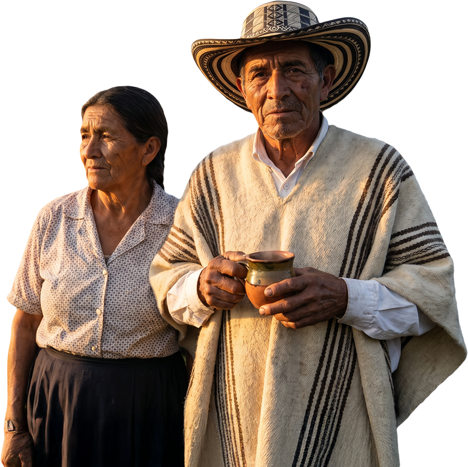 Elderly couple in traditional attire; the man holds a clay mug, wearing a woven hat and poncho. The woman looks left, exuding warmth and nostalgia.